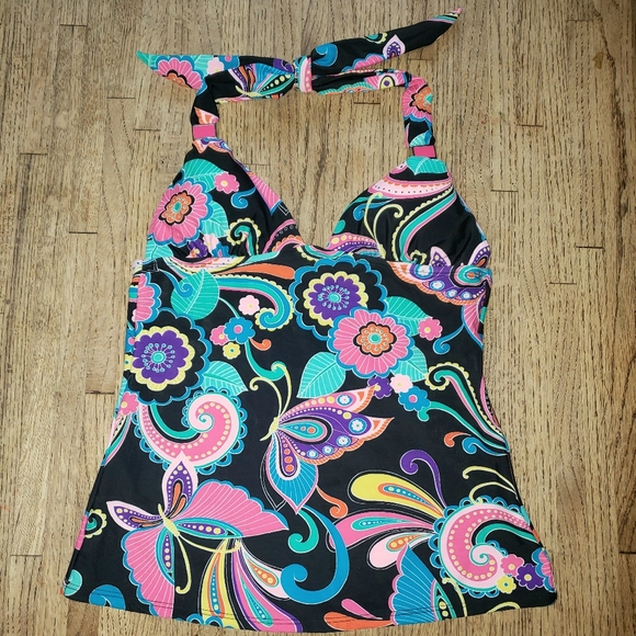 CANDIE'S Bright Neon Colorful Rainbow Floral Butterfly Halter Tankini Top Sz XS - Picture 9 of 16